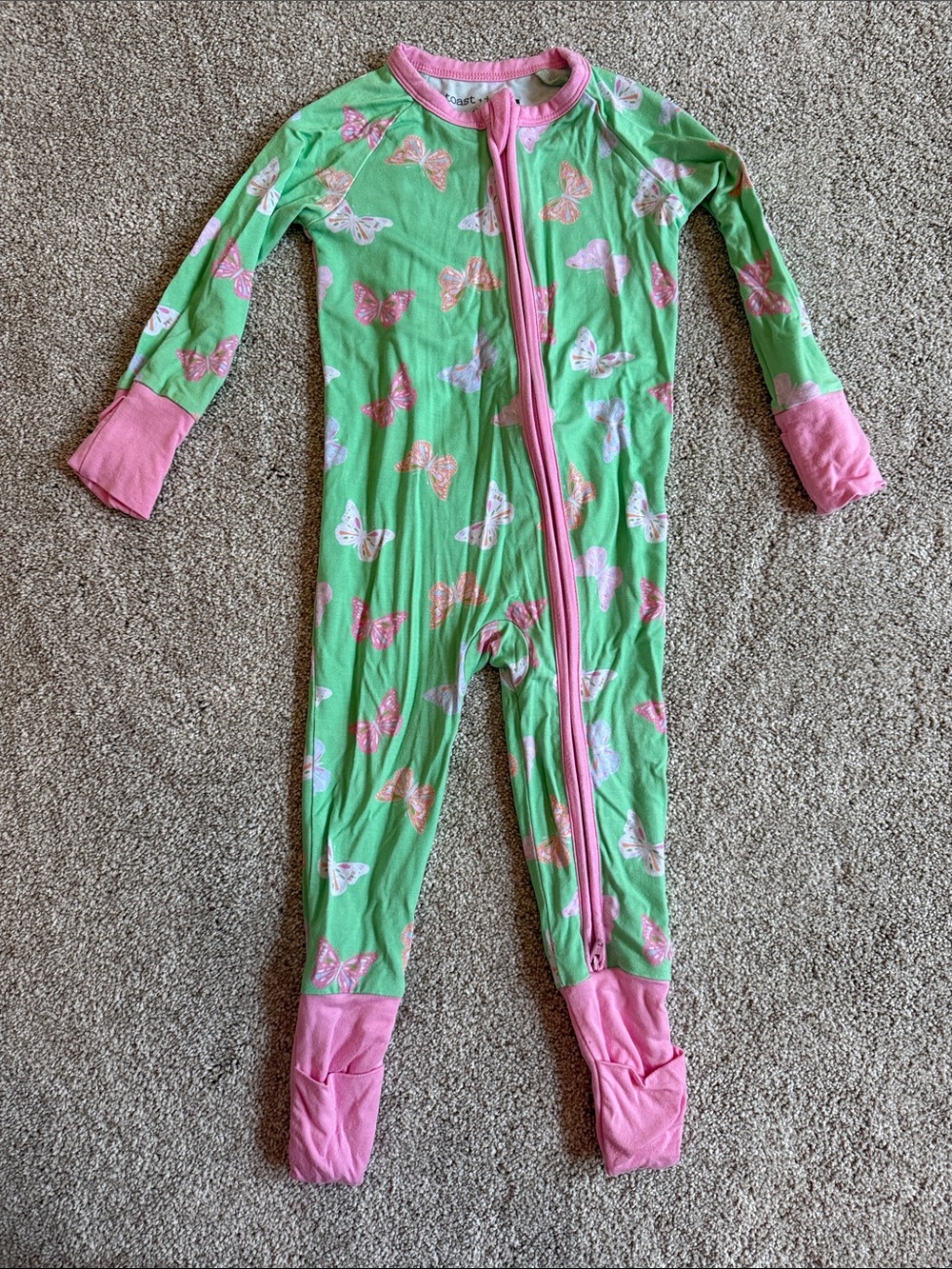 Toast + Jams Baby One-Piece Pajamas - Green Butterfly Print with Pink Trim